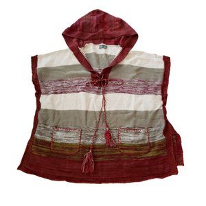 Maude Hooded Poncho Wool Blend Sweater S/M  Boho Maroon Tan Sleeveless